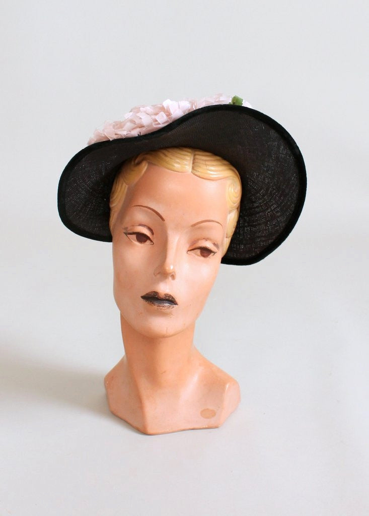 Vintage 1940s Peonies and Navy Straw Hat