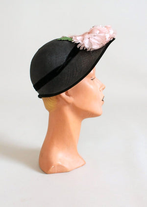 Vintage 1940s Peonies and Navy Straw Hat