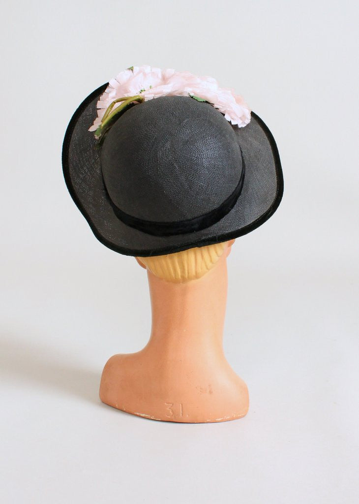 Vintage 1940s Peonies and Navy Straw Hat