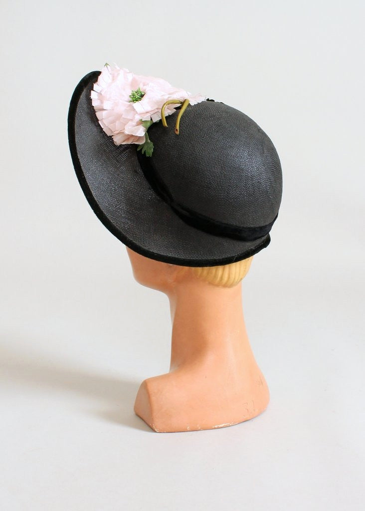 Vintage 1940s Peonies and Navy Straw Hat
