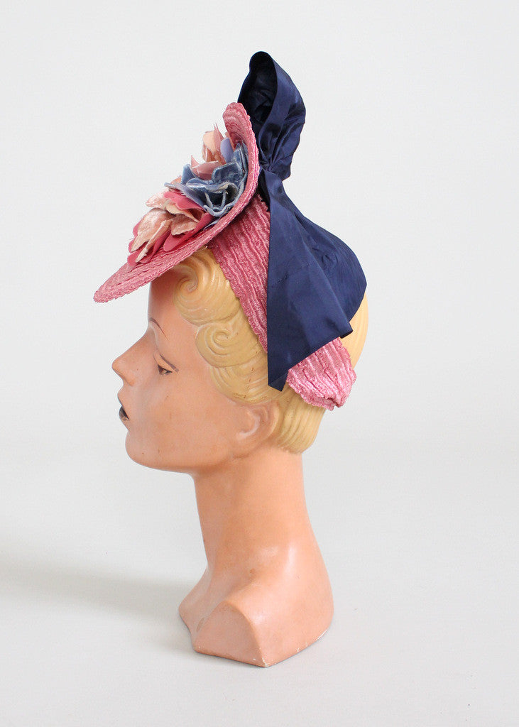 Vintage 1930s Dramatic Pink Floral Straw Tilt Hat