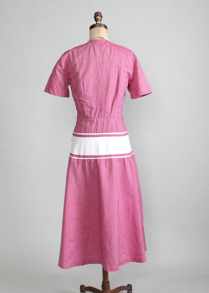 Vintage Late 1940s Raspberry Cream Cotton Day Dress