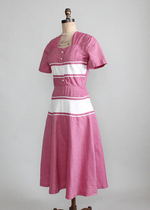 Vintage Late 1940s Raspberry Cream Cotton Day Dress