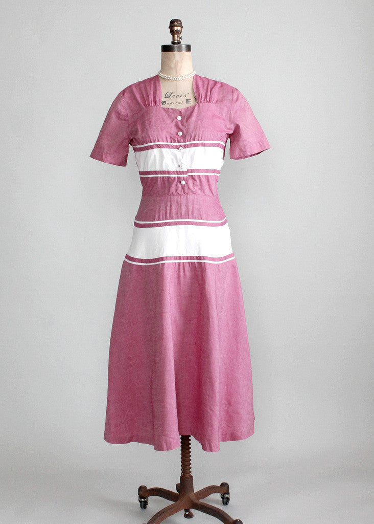 Vintage Late 1940s Raspberry Cream Cotton Day Dress