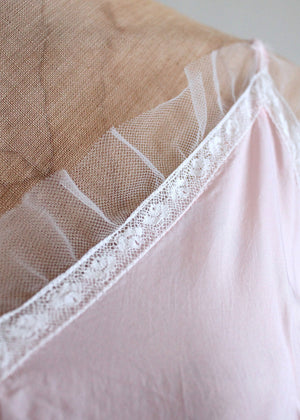 Vintage 1940s Pale Pink Rayon Nightgown with White Mesh Trim