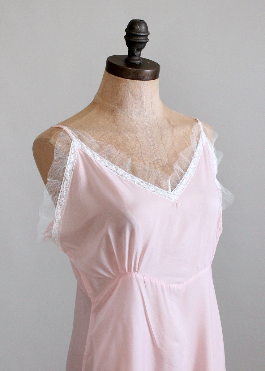 Vintage 1940s Pale Pink Rayon Nightgown with White Mesh Trim