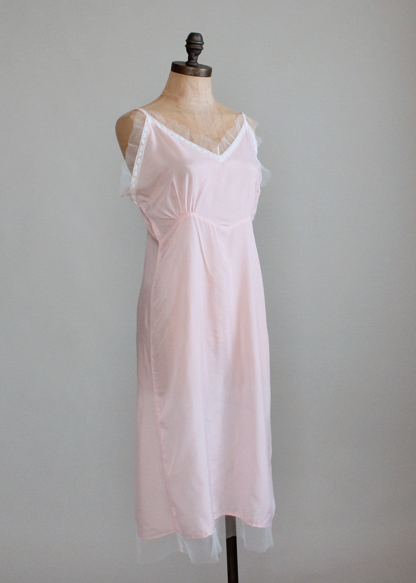 Vintage 1940s Pale Pink Rayon Nightgown with White Mesh Trim