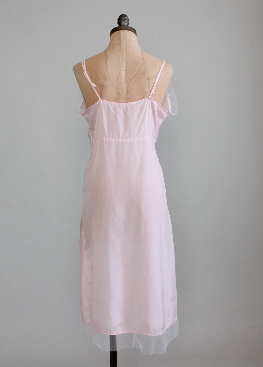Vintage 1940s Pale Pink Rayon Nightgown with White Mesh Trim