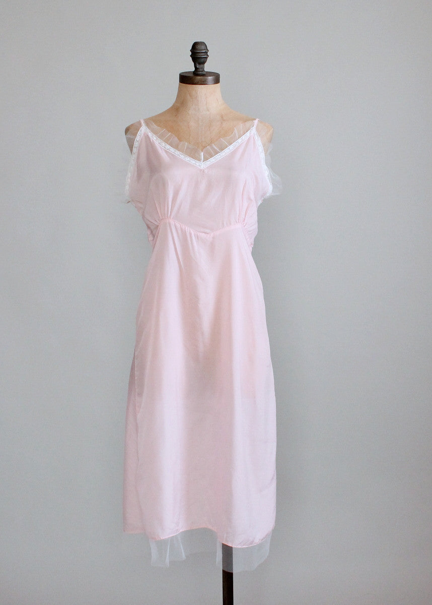 Vintage 1940s Pale Pink Rayon Nightgown with White Mesh Trim