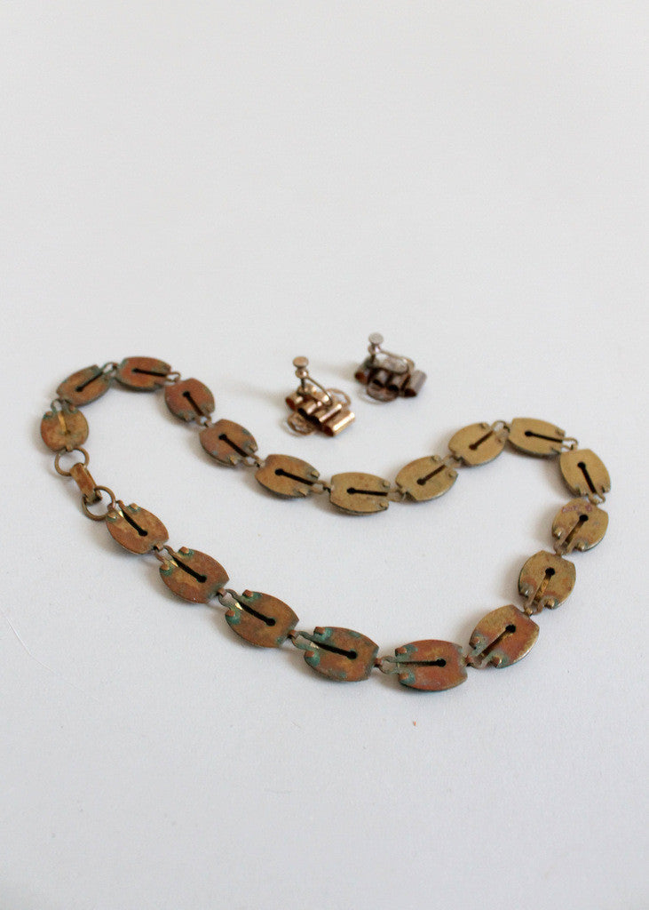 Vintage 1950s Painted Roses Brass Necklace and Earrings