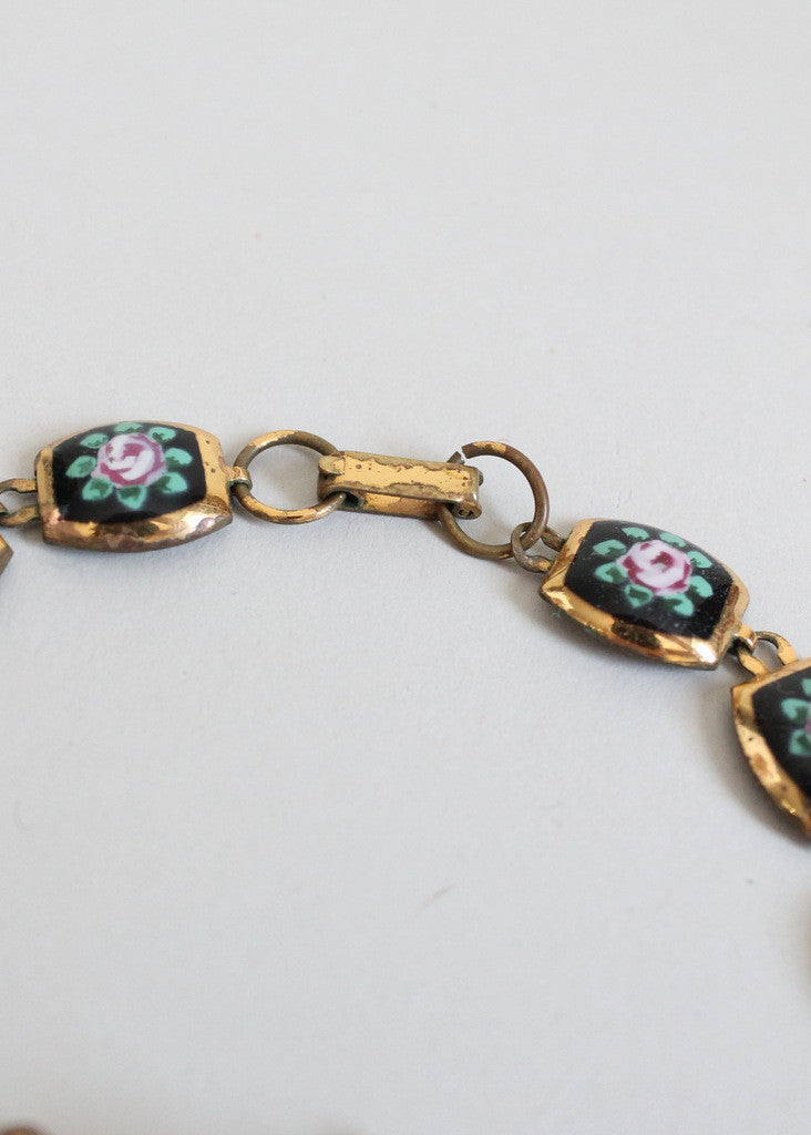 Vintage 1950s Painted Roses Brass Necklace and Earrings