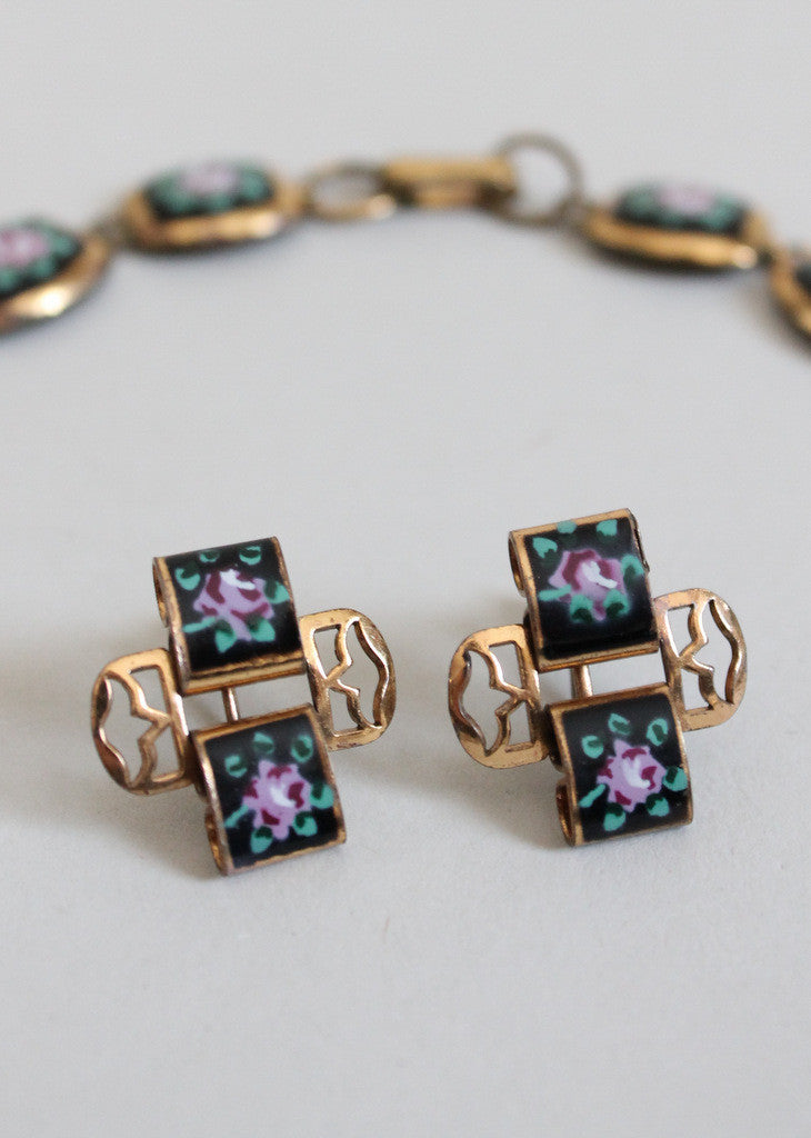 Vintage 1950s Painted Roses Brass Necklace and Earrings