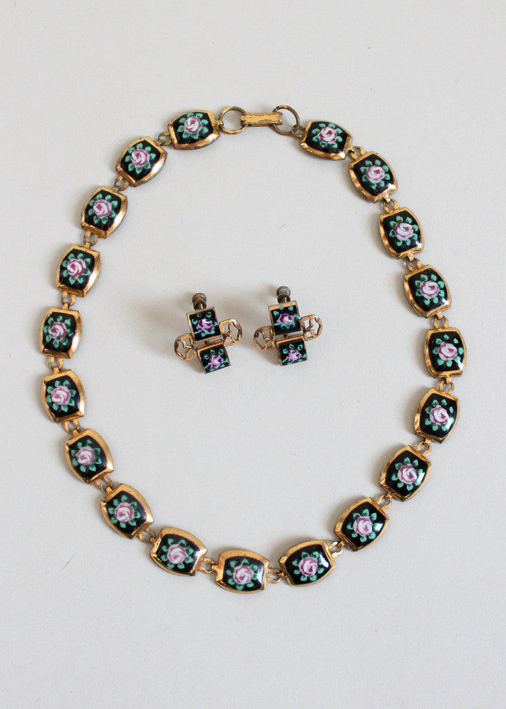 Vintage 1950s Painted Roses Brass Necklace and Earrings