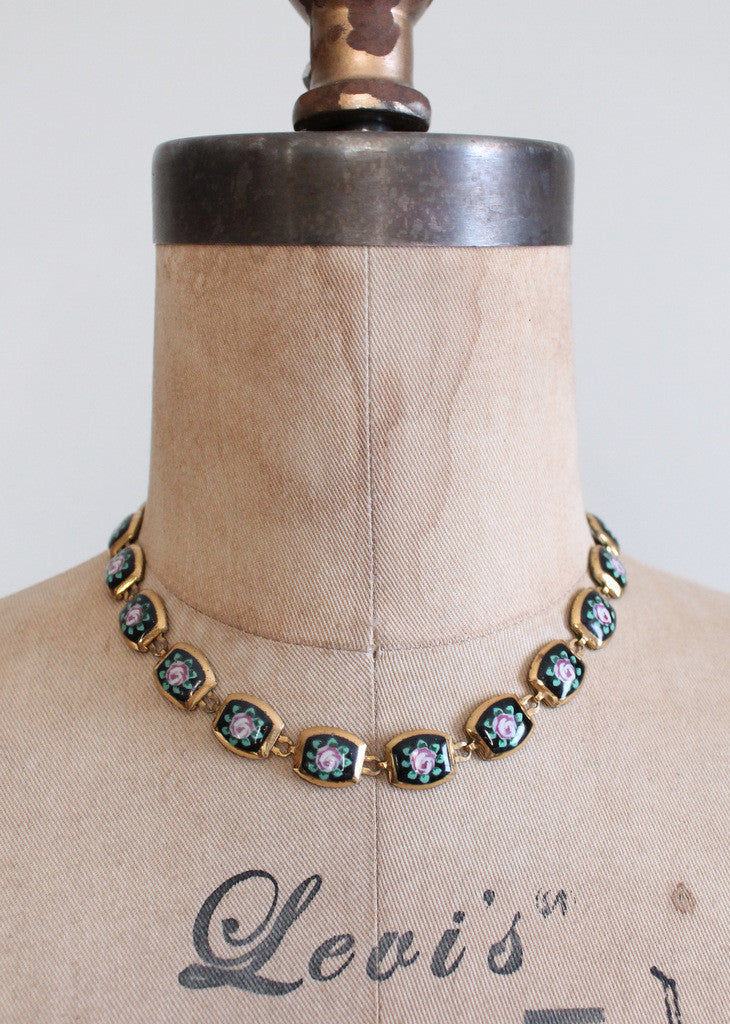 Vintage 1950s Painted Roses Brass Necklace and Earrings