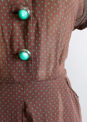 Vintage Late 1940s Sheer Brown and Green Dots Dress