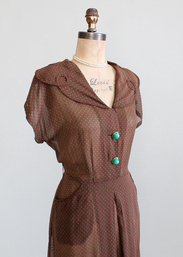 Vintage Late 1940s Sheer Brown and Green Dots Dress