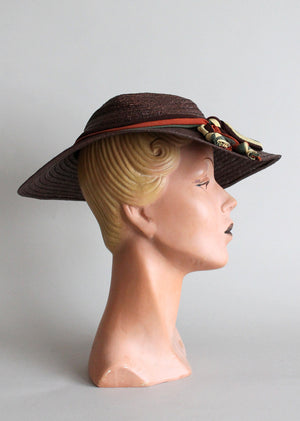 Vintage 1940s Straw Floppy Hat with Crepe Bow