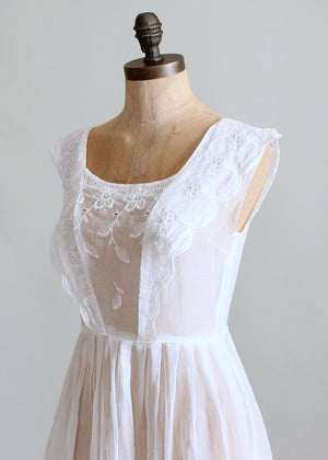 Vintage 1940s White Embroidered Organdy Pinafore Dress