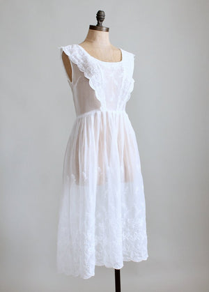 Vintage 1940s White Embroidered Organdy Pinafore Dress