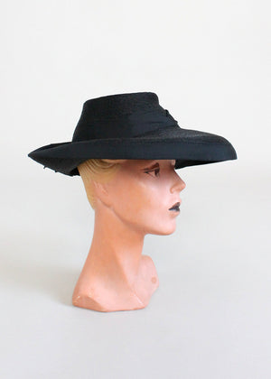 Vintage Early 1940s Wide Brim Black Straw Hat