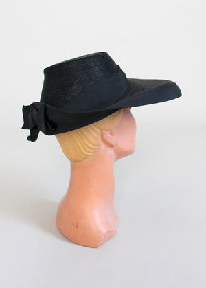 Vintage Early 1940s Wide Brim Black Straw Hat