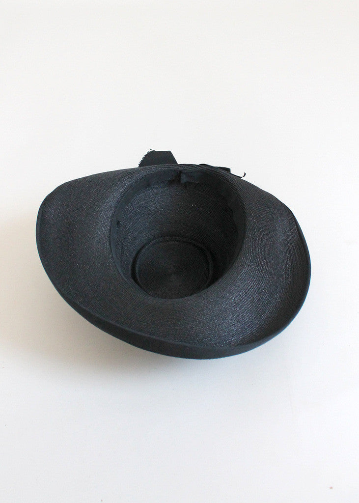 Vintage Early 1940s Wide Brim Black Straw Hat