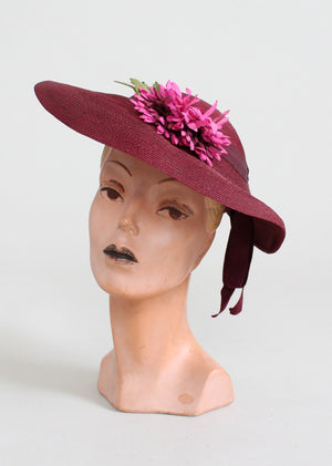 Vintage Early 1940s Bordeaux Straw Tilt Hat