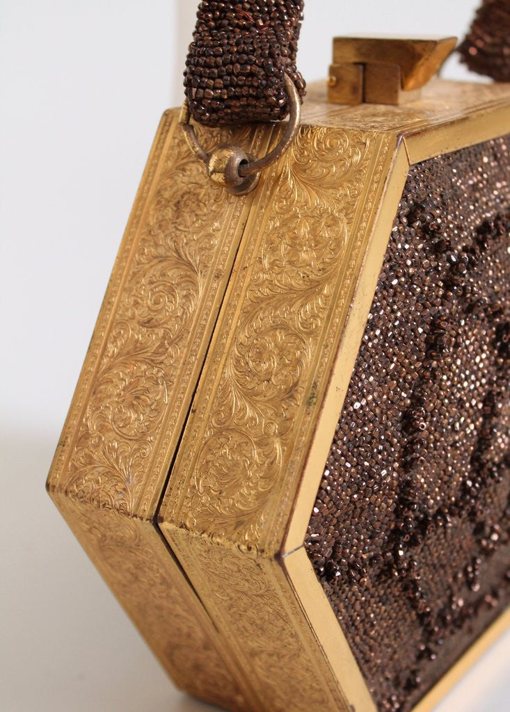 Vintage 1940s Bronze Bead Spider Web Box Purse
