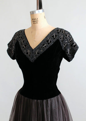 Vintage 1940s Beaded Velvet and Tulle Evening Dress