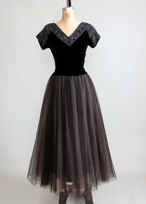 Vintage 1940s Beaded Velvet and Tulle Evening Dress