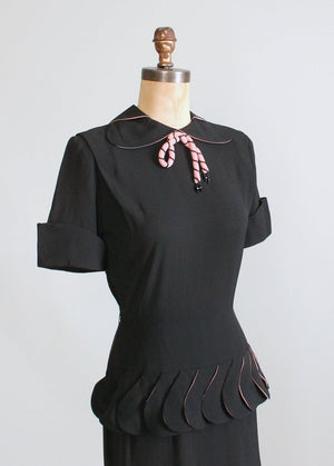 Vintage 1940s Black and Pink Rayon Peplum Dress