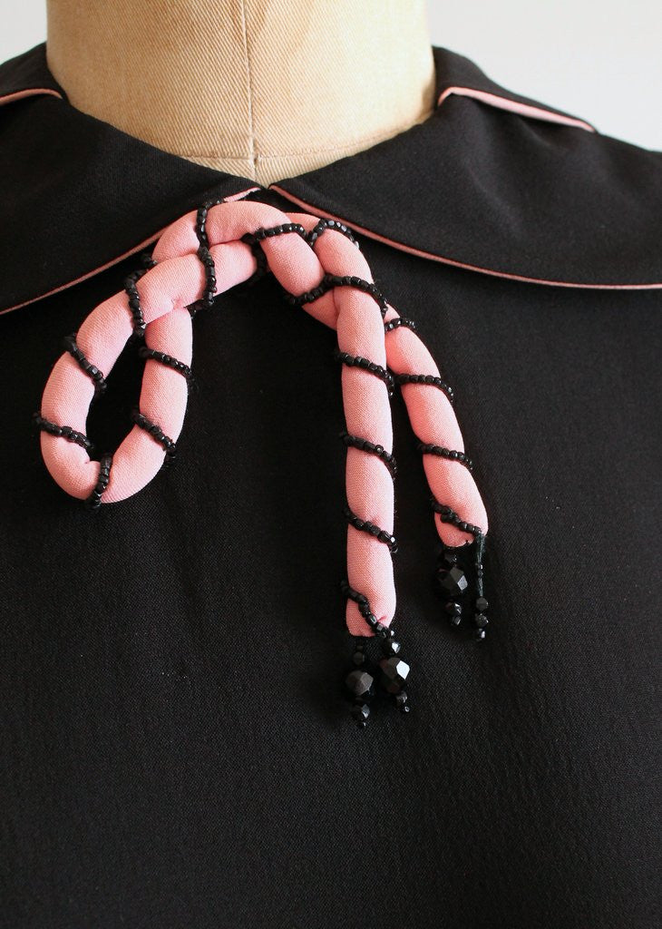 Vintage 1940s Black and Pink Rayon Peplum Dress