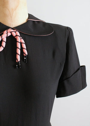 Vintage 1940s Black and Pink Rayon Peplum Dress