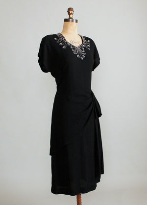 Vintage 1940s Nu-Form Black Crepe Beaded Peplum Dress