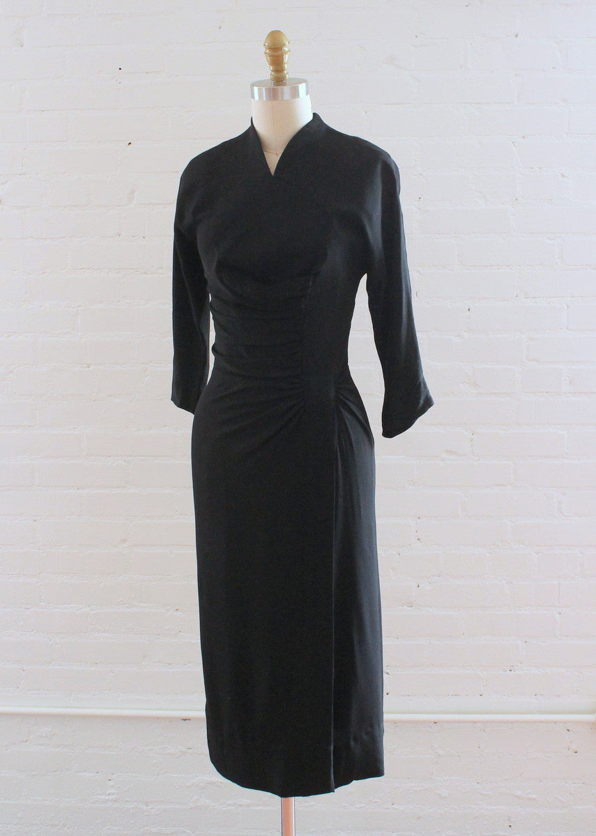 Vintage 1940s Black Gathered Side Noir Dress