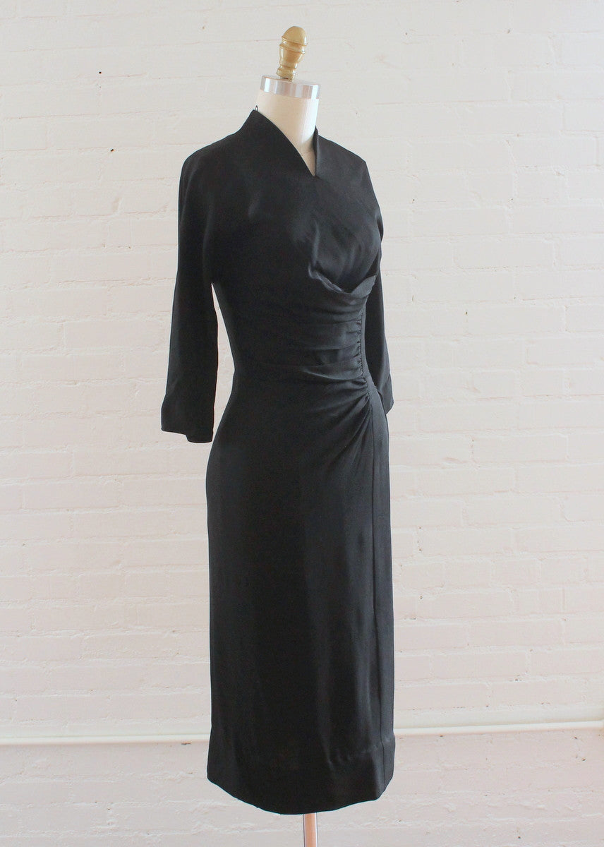 Vintage 1940s Black Gathered Side Noir Dress