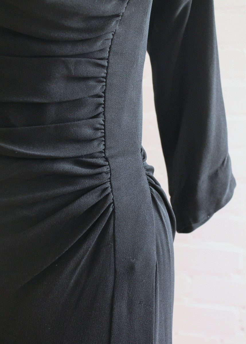 Vintage 1940s Black Gathered Side Noir Dress