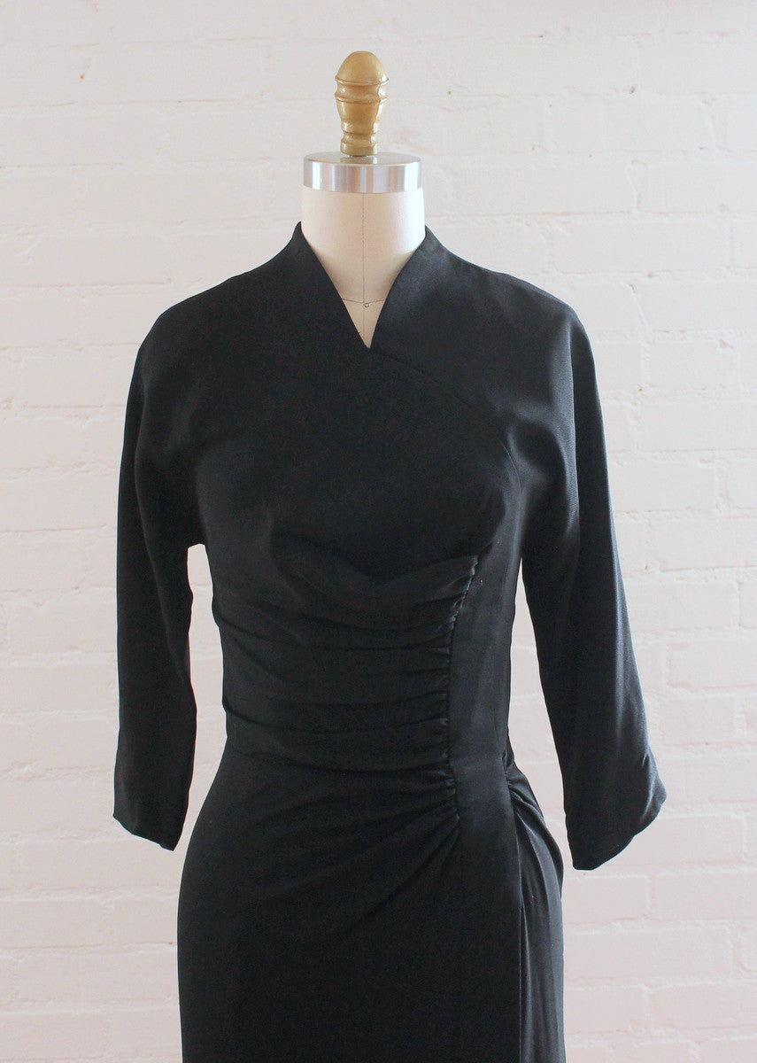 Vintage 1940s Black Gathered Side Noir Dress