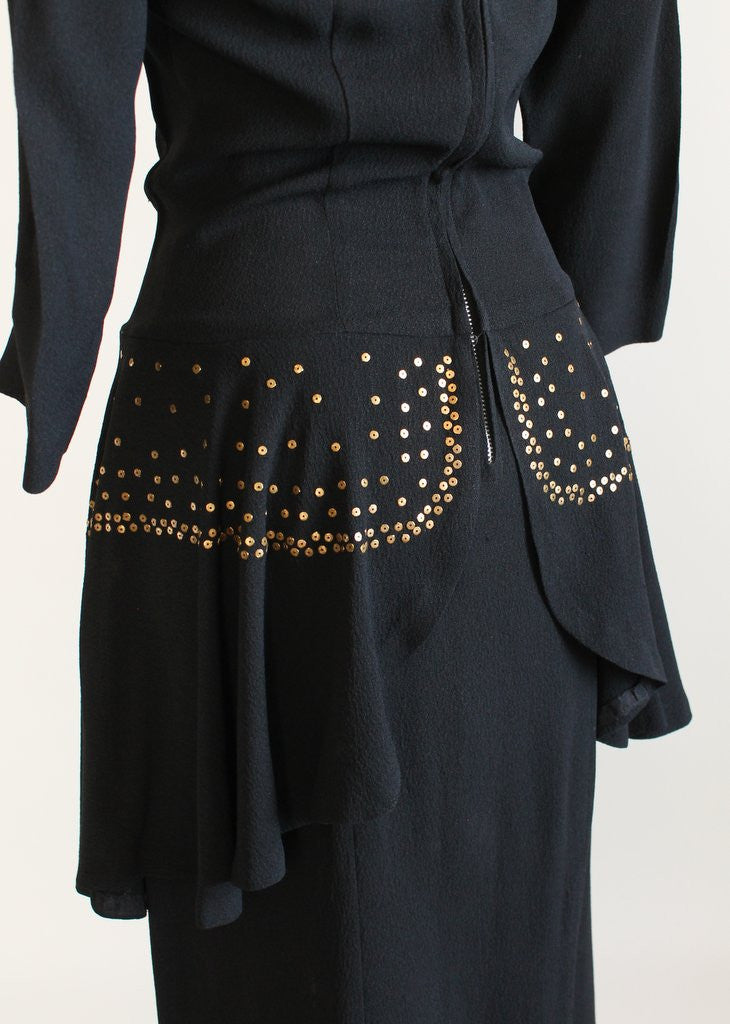 Vintage 1940s Black Crepe Studded Peplum Dress