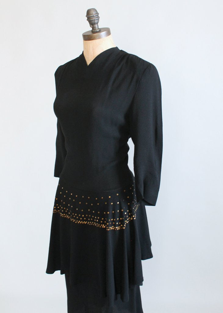 Vintage 1940s Black Crepe Studded Peplum Dress