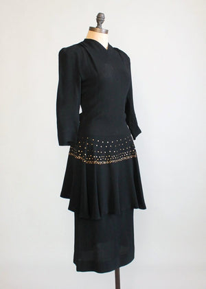 Vintage 1940s Black Crepe Studded Peplum Dress