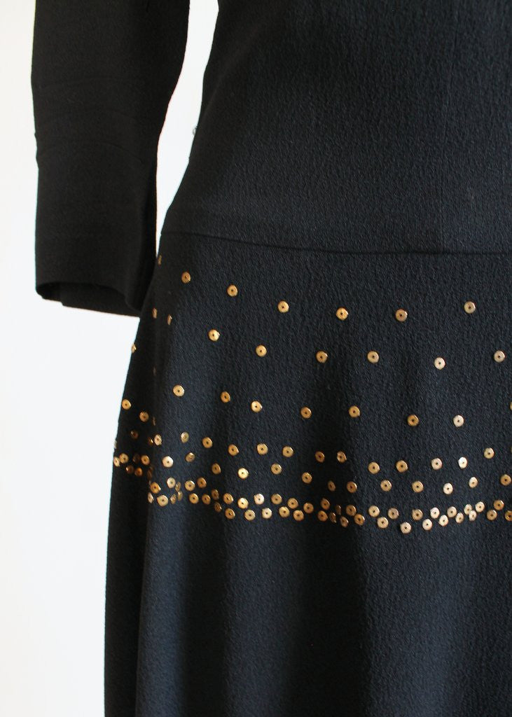Vintage 1940s Black Crepe Studded Peplum Dress