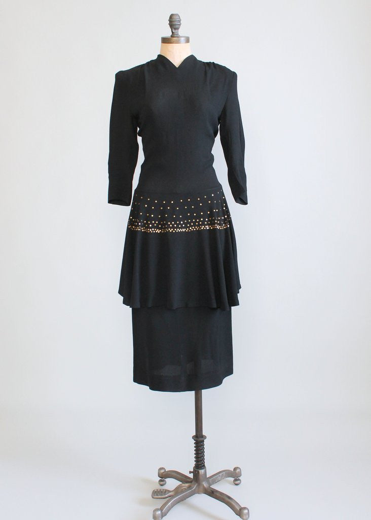 Vintage 1940s Black Crepe Studded Peplum Dress