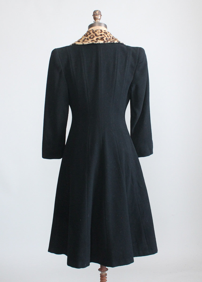 Vintage 1940s Black Wool Princess Coat with Leopard Fur Collar