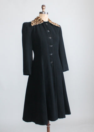 Vintage 1940s Black Wool Princess Coat with Leopard Fur Collar