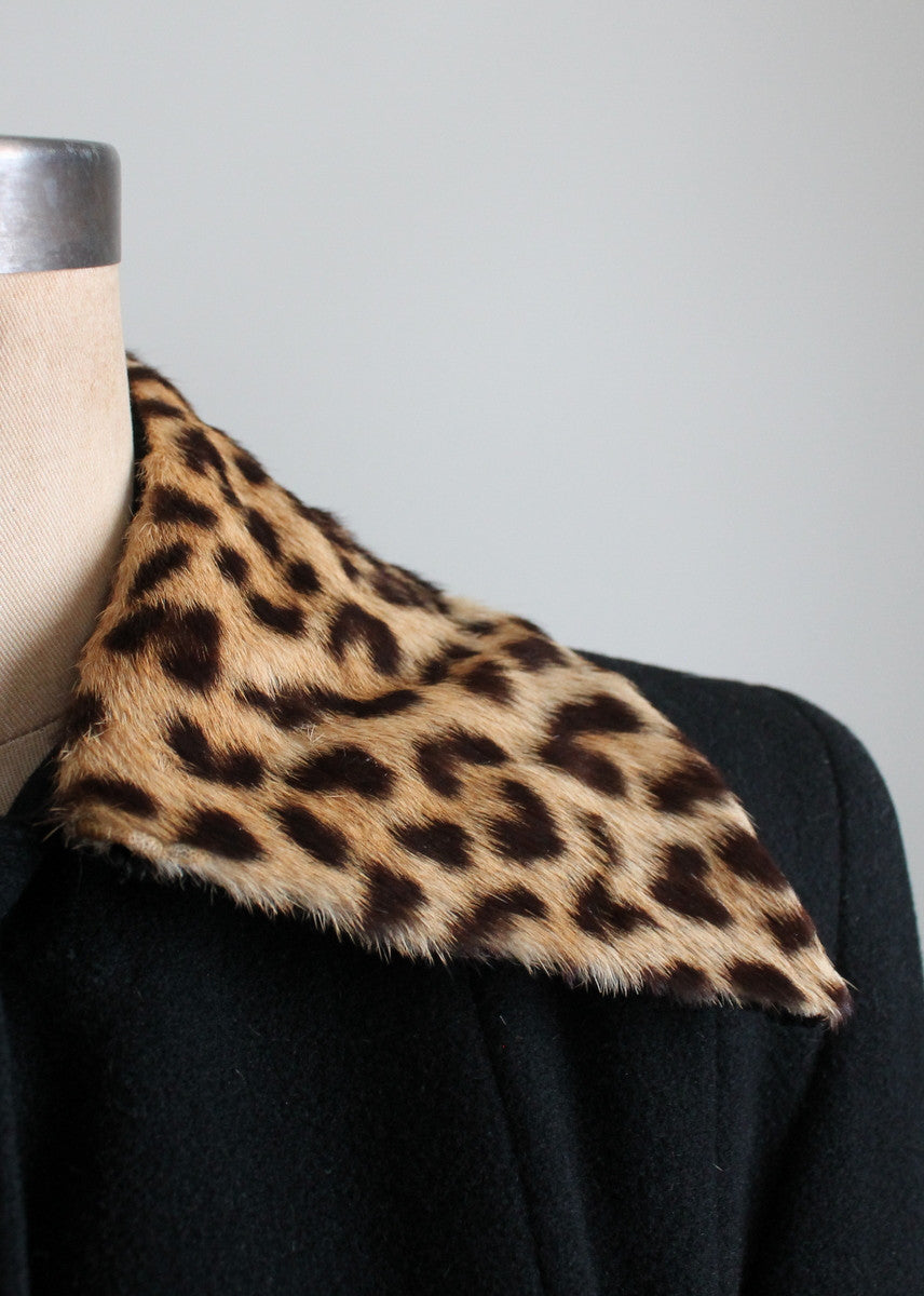 Vintage 1940s Black Wool Princess Coat with Leopard Fur Collar