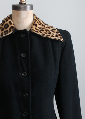 Vintage 1940s Black Wool Princess Coat with Leopard Fur Collar
