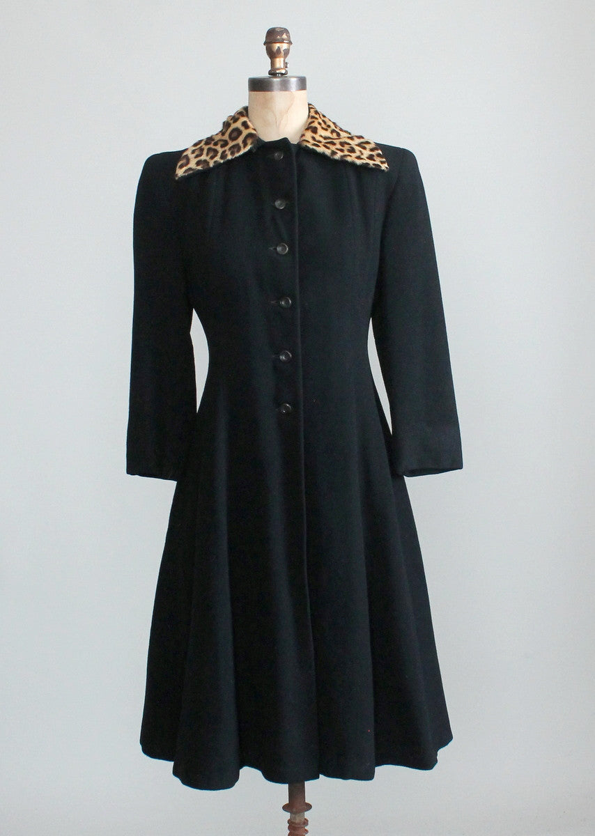 Vintage 1940s Black Wool Princess Coat with Leopard Fur Collar