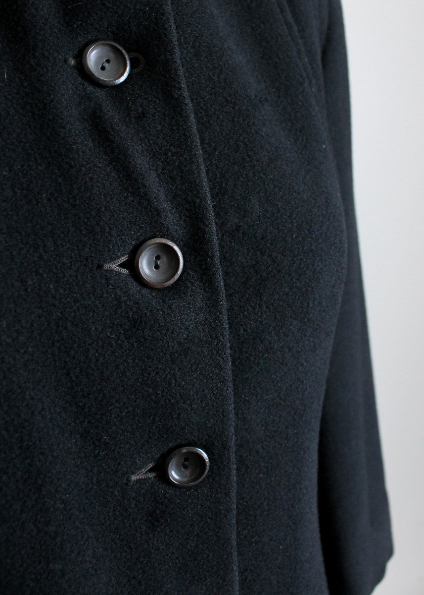 Vintage 1940s Black Wool Princess Coat with Leopard Fur Collar