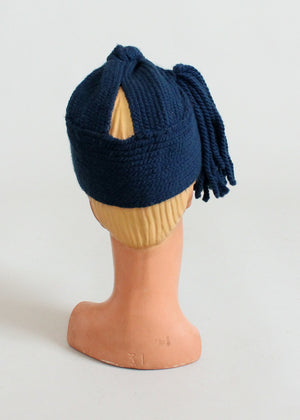 Vintage 1940s Blue Knit Tassel Turban Hat